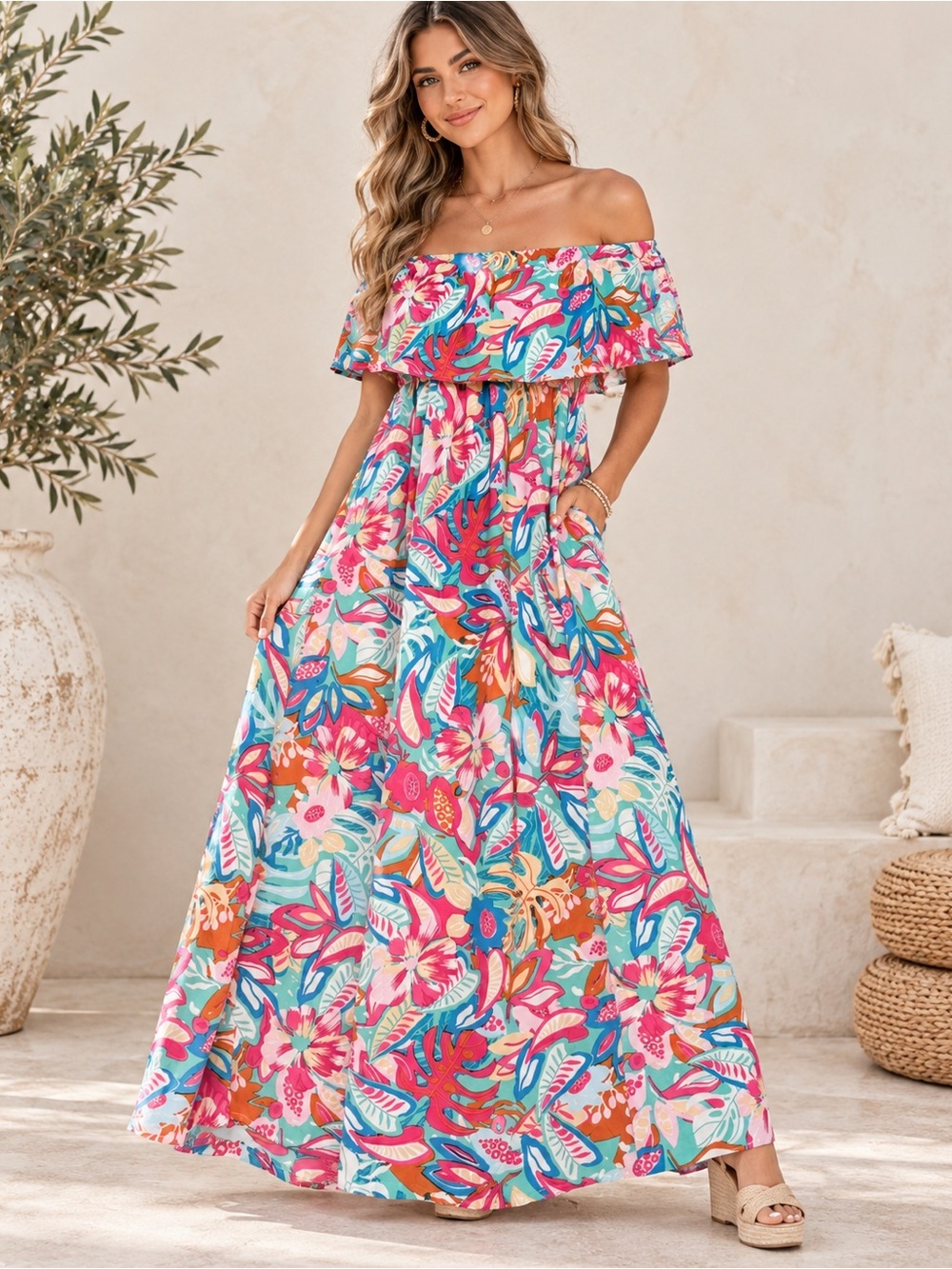 Dokotoo Floral Tropical Print Off-The-Shoulder Ruffle Maxi Dress - Small